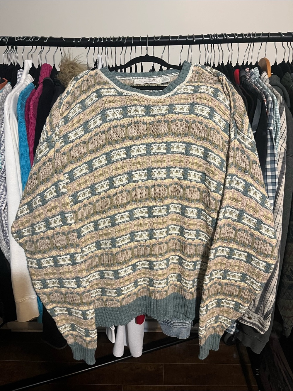 Classic Crewneck Knit Sweater in Sage Green and Beige